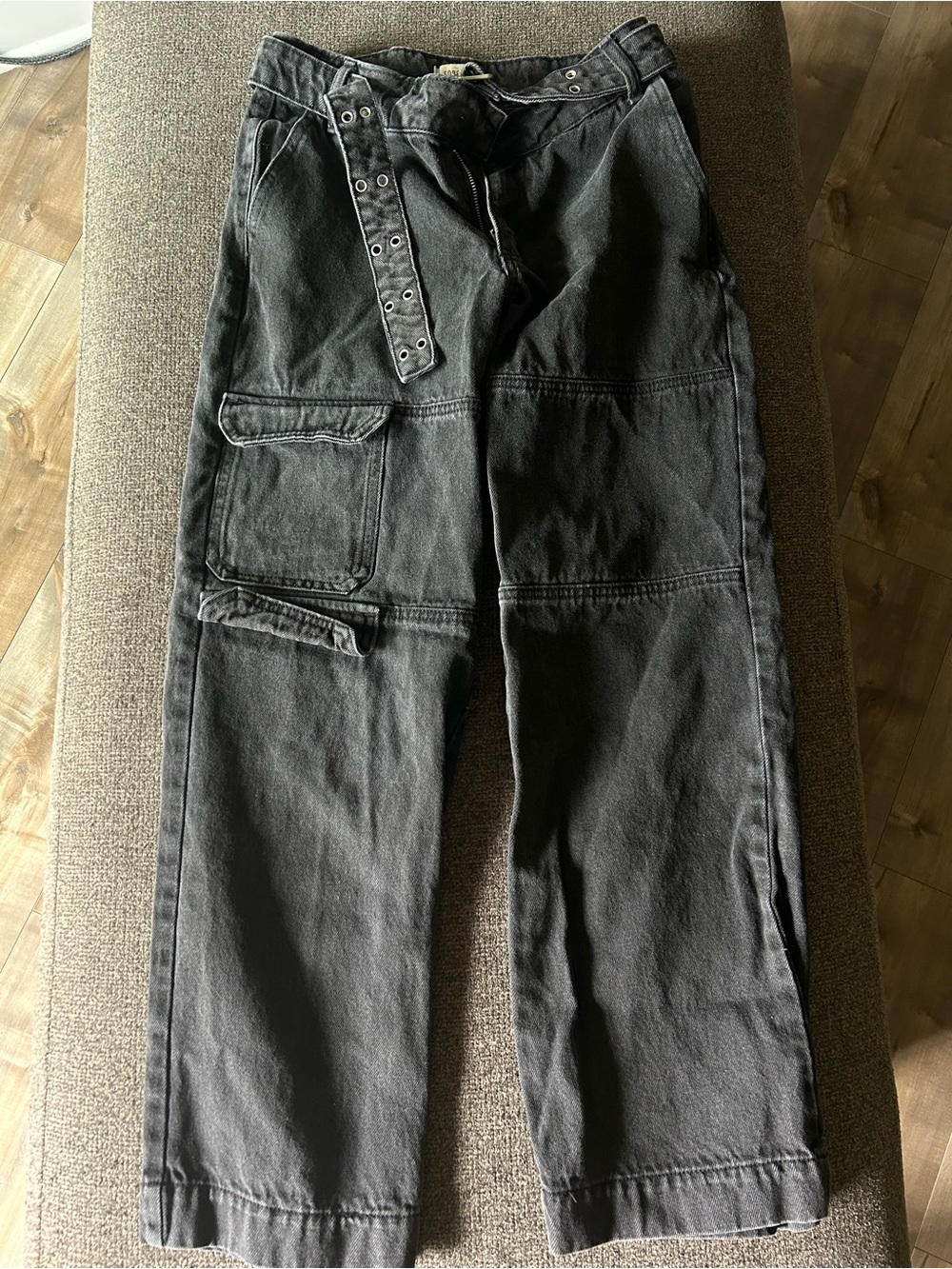 Forever 21 Black Straight-Leg Cargo Jeans with Grommet Belt